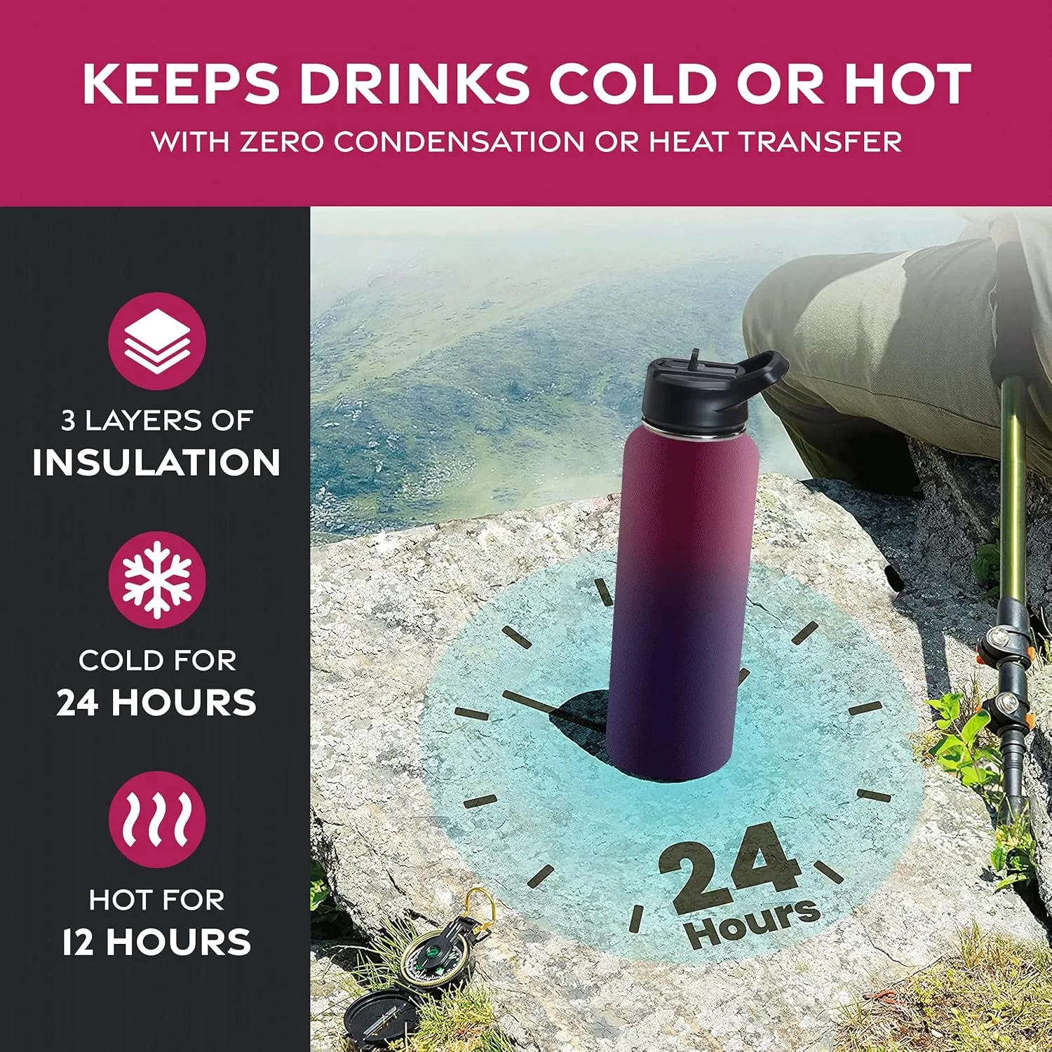 FineDine Water Bottle - Stainless Steel Insulated Water Bottle with Straw Lid, Flip Lid & Wide-Mouth Cap - Keeps Hot and Cold - 40 Oz / 1.18L - Dreamy Purple