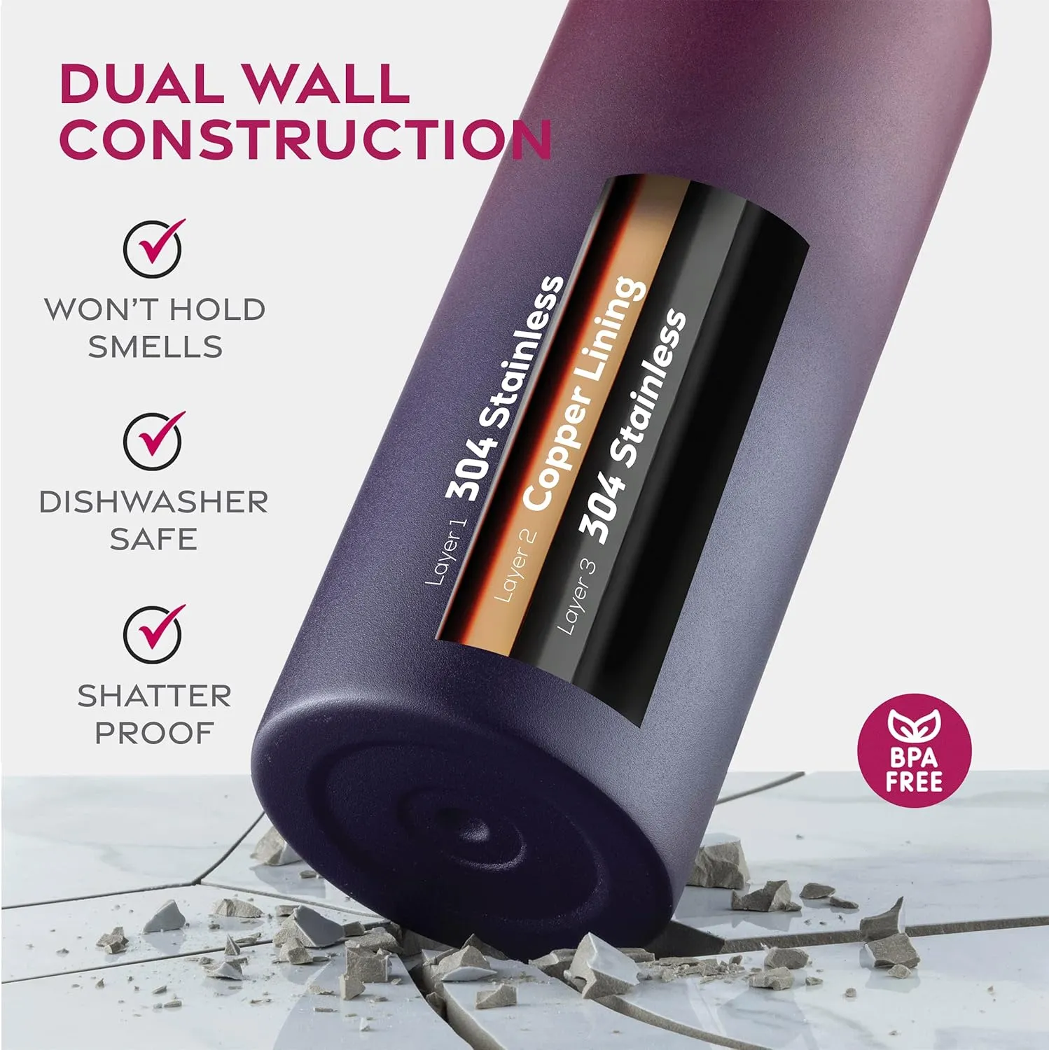 FineDine Water Bottle - Stainless Steel Insulated Water Bottle with Straw Lid, Flip Lid & Wide-Mouth Cap - Keeps Hot and Cold - 40 Oz / 1.18L - Dreamy Purple