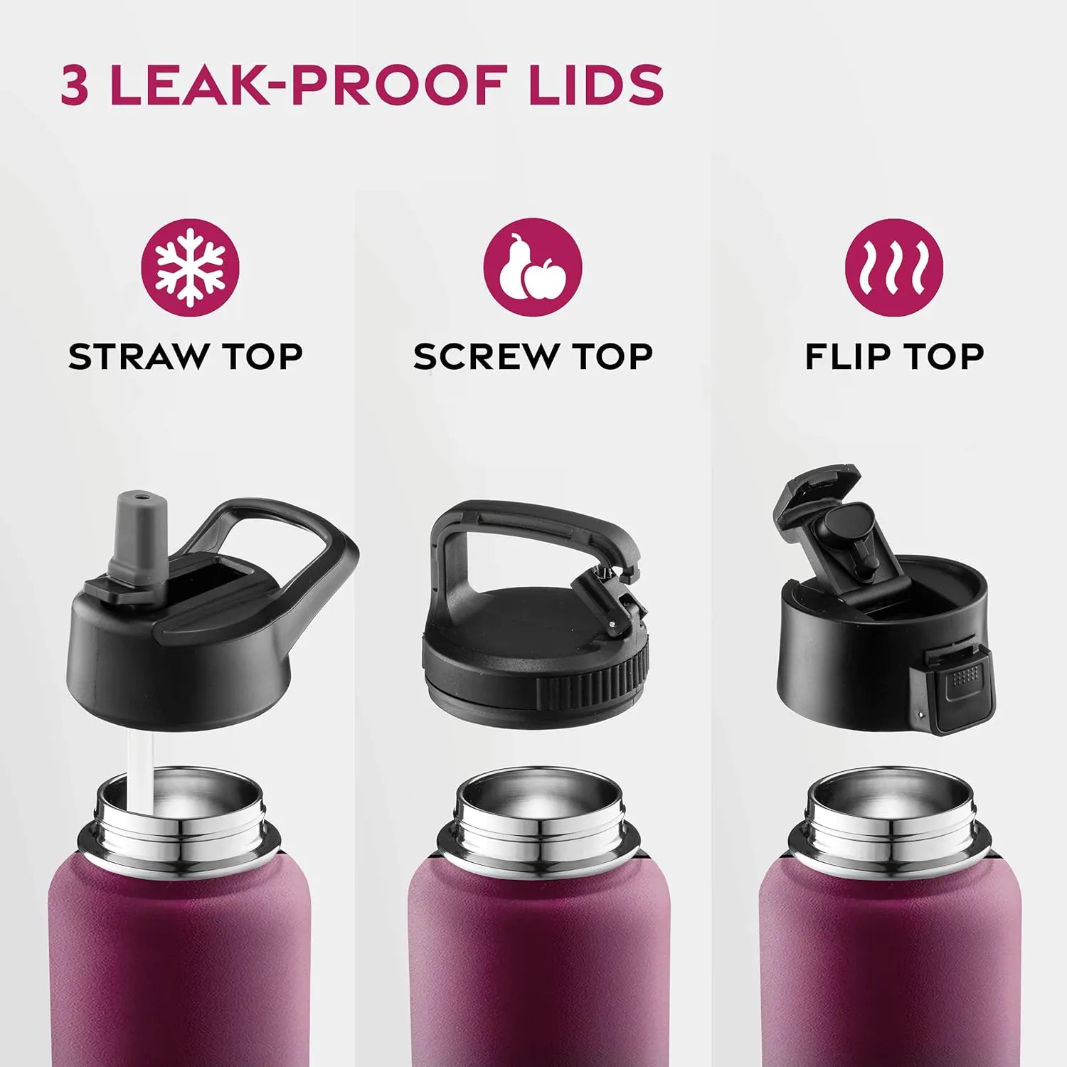FineDine Water Bottle - Stainless Steel Insulated Water Bottle with Straw Lid, Flip Lid & Wide-Mouth Cap - Keeps Hot and Cold - 40 Oz / 1.18L - Dreamy Purple