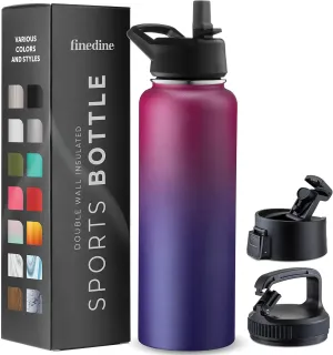 FineDine Water Bottle - Stainless Steel Insulated Water Bottle with Straw Lid, Flip Lid & Wide-Mouth Cap - Keeps Hot and Cold - 40 Oz / 1.18L - Dreamy Purple