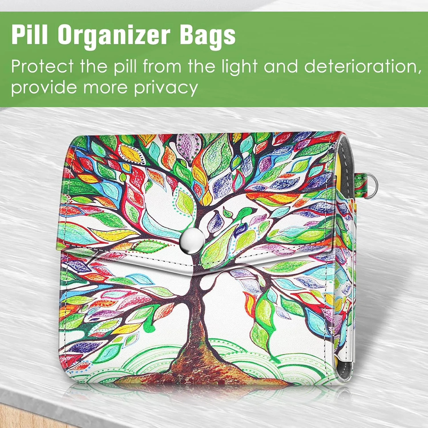 FINPAC Weekly Pill Organizers 4 Times A Day, Slide Open PU Leather Case Travel Pill Vitamin Medicine Reminder and Planner with Name Card for Morning| Afternoon| Evening| Bedtime (Love Tree)