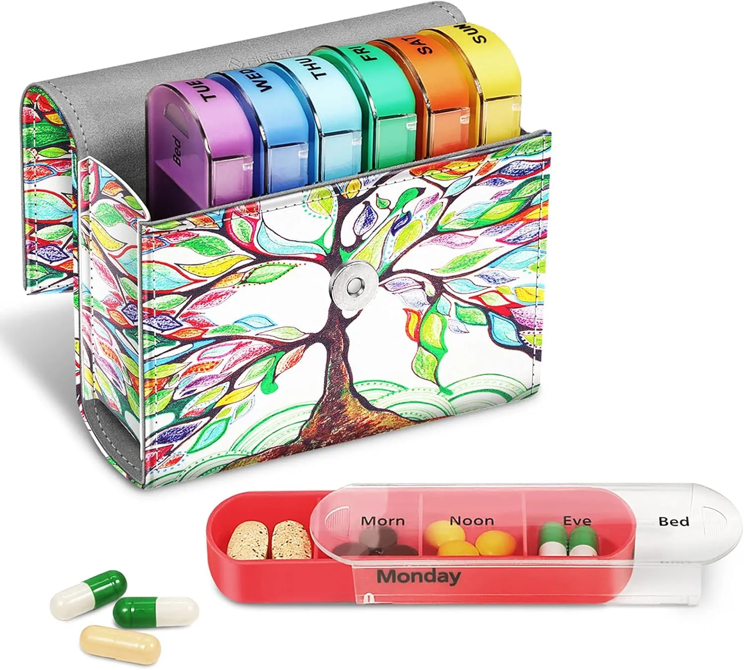 FINPAC Weekly Pill Organizers 4 Times A Day, Slide Open PU Leather Case Travel Pill Vitamin Medicine Reminder and Planner with Name Card for Morning| Afternoon| Evening| Bedtime (Love Tree)
