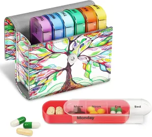 FINPAC Weekly Pill Organizers 4 Times A Day, Slide Open PU Leather Case Travel Pill Vitamin Medicine Reminder and Planner with Name Card for Morning| Afternoon| Evening| Bedtime (Love Tree)