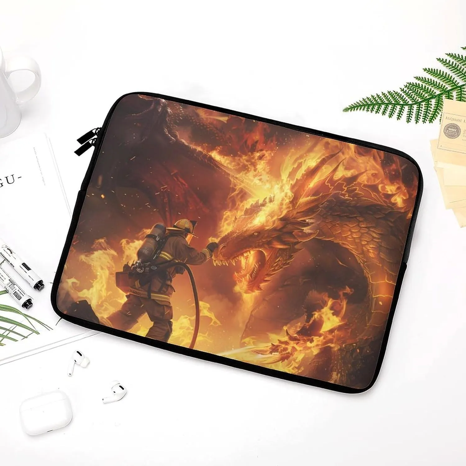 Firefighter Fighting Against Flames Dragon Laptop Sleeve Portable Waterproof Computer Pouch Laptop Bag Protective Sleeve