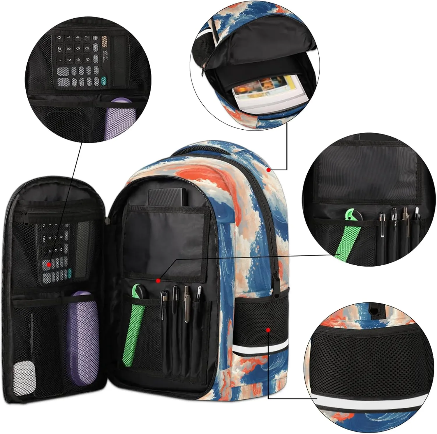 Fish Waves Travel Backpack Waterproof Laptop Shoulder Bag with Adjustable Strap Casual Hiking Gym Travel Daypack