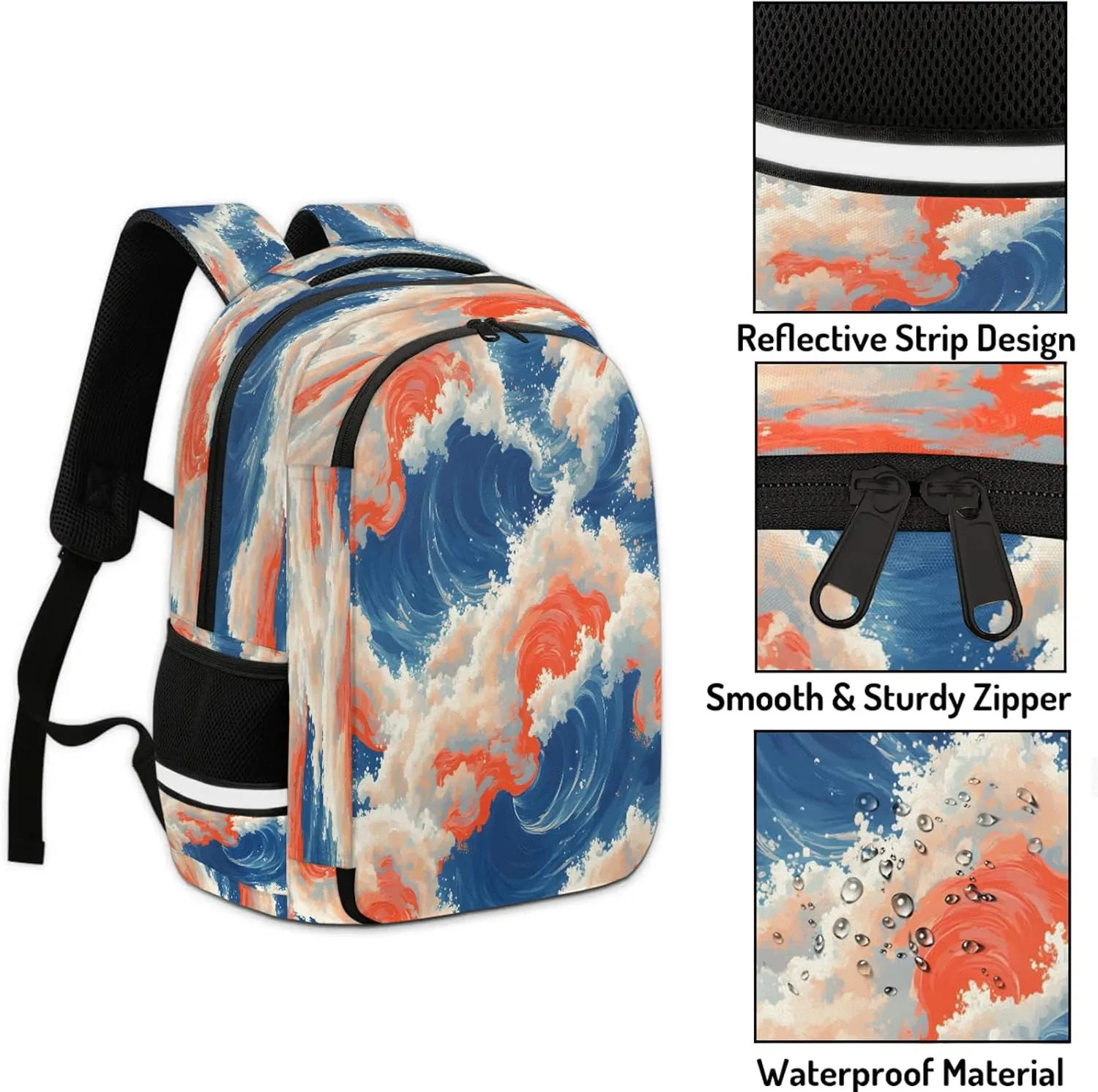 Fish Waves Travel Backpack Waterproof Laptop Shoulder Bag with Adjustable Strap Casual Hiking Gym Travel Daypack