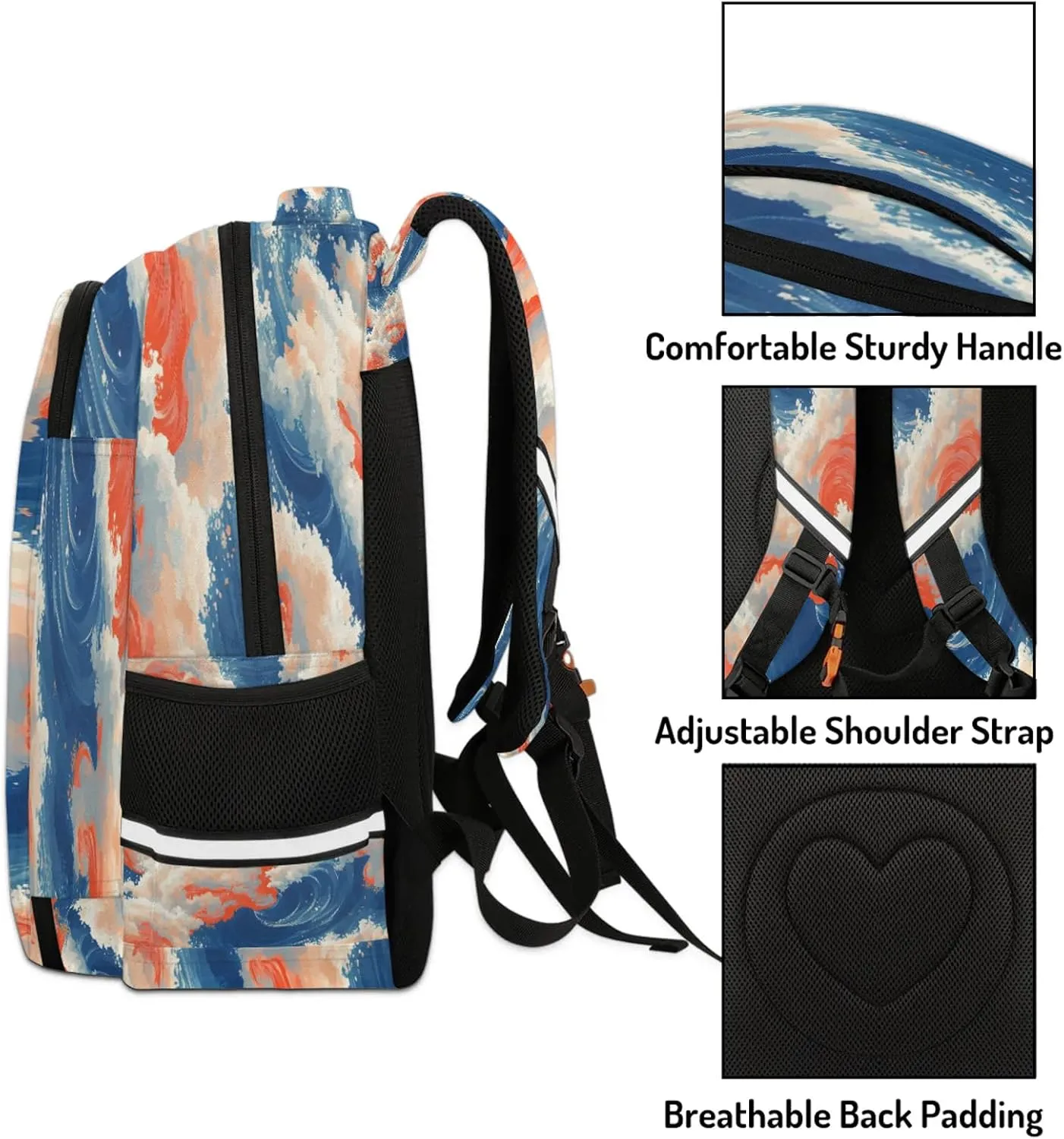Fish Waves Travel Backpack Waterproof Laptop Shoulder Bag with Adjustable Strap Casual Hiking Gym Travel Daypack