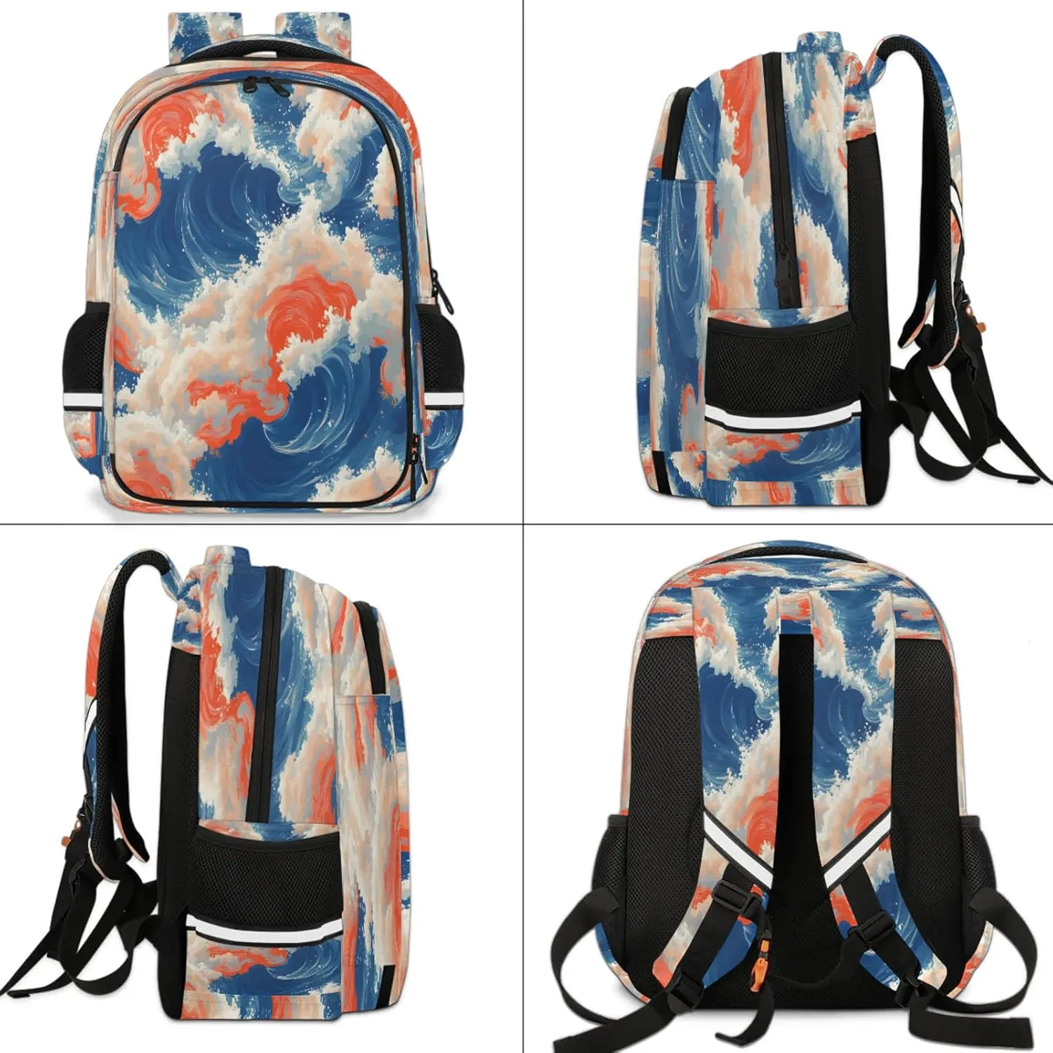 Fish Waves Travel Backpack Waterproof Laptop Shoulder Bag with Adjustable Strap Casual Hiking Gym Travel Daypack