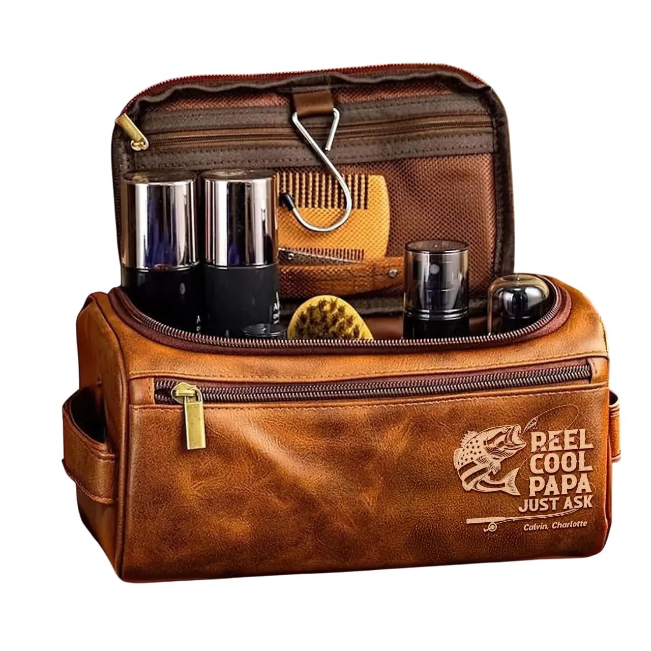 Fishing Dad Leather Toiletry Bag - Personalized Gifts For Dad Shaving Dopp Kit With Name Ideal Gift For Husband, Dad, Grandpa, Boyfriend For Anniversary, Birthday & Fathers Day Gifts For Fishing Lover
