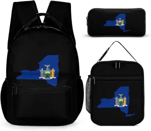 Flag Map of New York Unisex 3 Pcs Backpack Combination Set 16 in Daypack Insulated Lunch Bag Portable Pencil Case