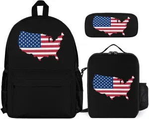 Flag Map of The United States Printed Backpack Set 3 Pcs Daypack Sets with Lunch Box and Pencil Case for Women Men