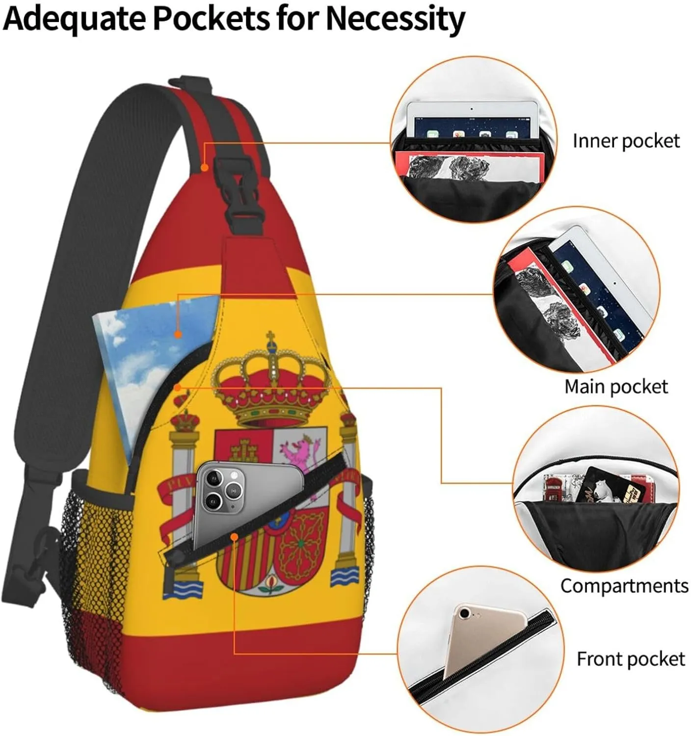 Flag of spain Sling Bag for Men Women Adjustable Shoulder Sling Backpack Lightweight Chest Crossbody Bags for Travel Hiking Daypack Fanny Pack