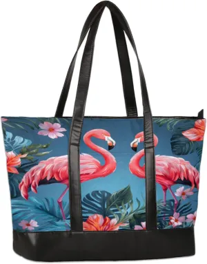 Flamingo Tropical Foliage Flower Laptop Tote Bag for Women Lightweight Work Purse with Multiple Compartments Fits 13-15.6 Inch Laptop Tablet Shoulder Bag for Office Travel Daily Use