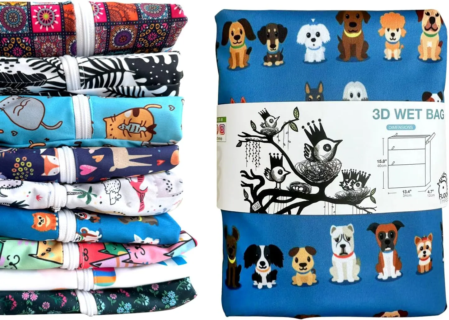 FLOCK THREE 3D Waterproof and Washable Wet Bag Luggage Organiser for Travel storage Stroller Daycare Baby Diapers Yoga Beach Pool Swimsuits Luggage Packing for Travel Accessories (Cute Dogs)