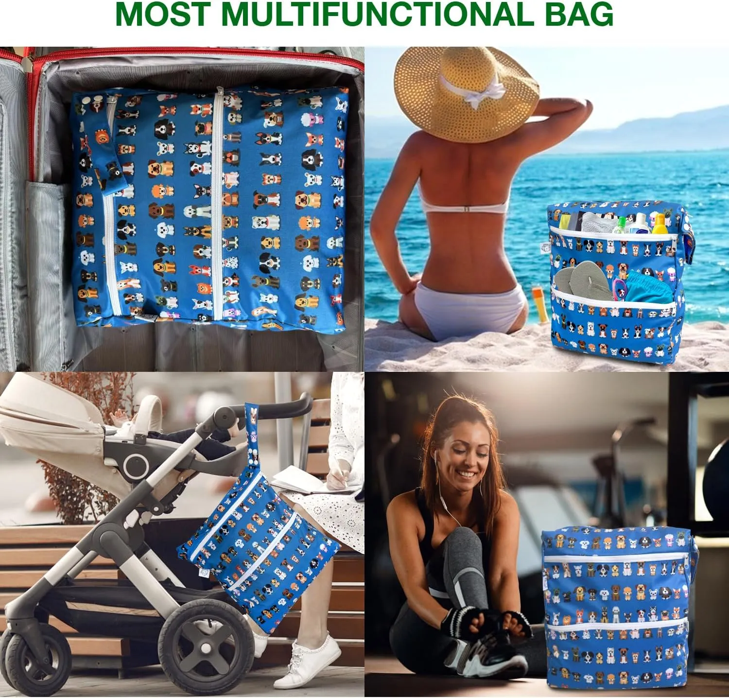 FLOCK THREE 3D Waterproof and Washable Wet Bag Luggage Organiser for Travel storage Stroller Daycare Baby Diapers Yoga Beach Pool Swimsuits Luggage Packing for Travel Accessories (Cute Dogs)