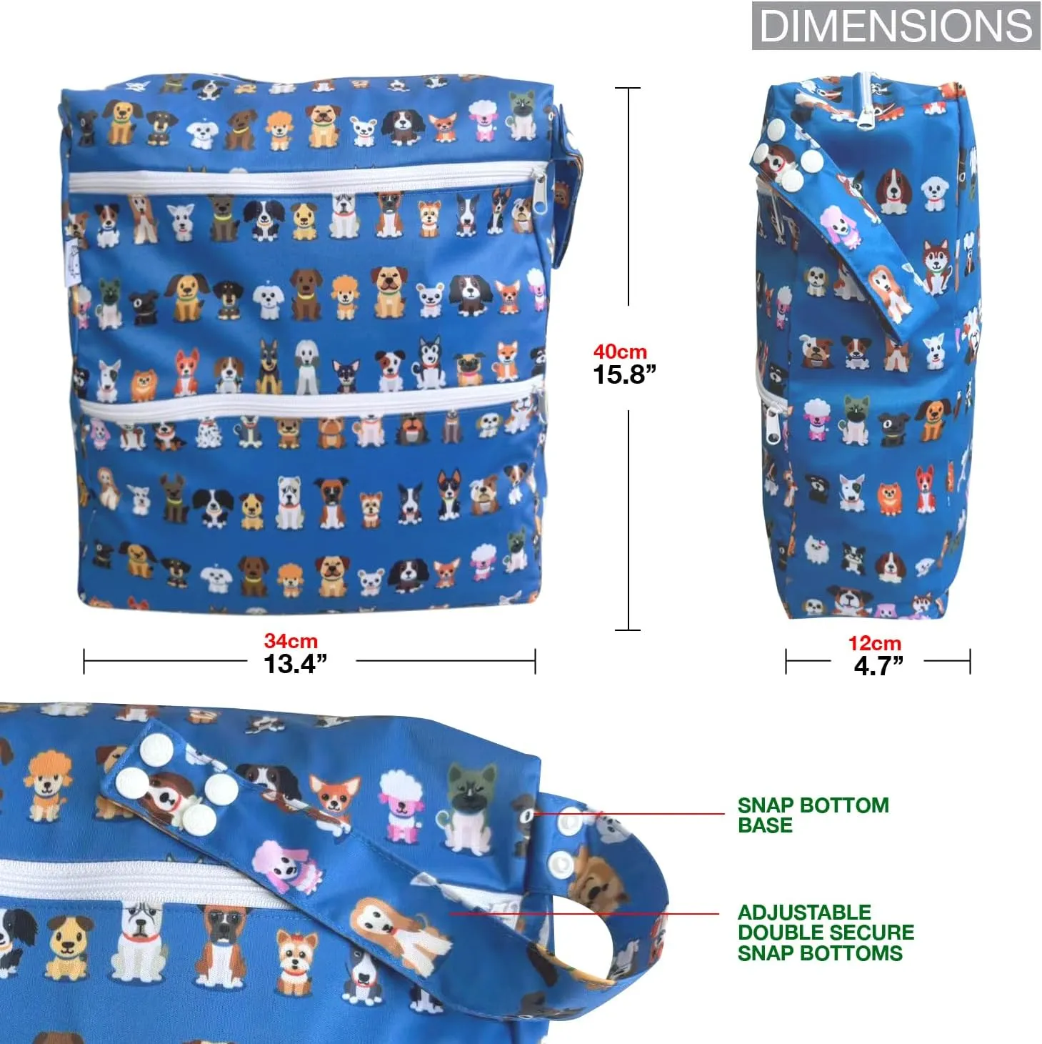 FLOCK THREE 3D Waterproof and Washable Wet Bag Luggage Organiser for Travel storage Stroller Daycare Baby Diapers Yoga Beach Pool Swimsuits Luggage Packing for Travel Accessories (Cute Dogs)