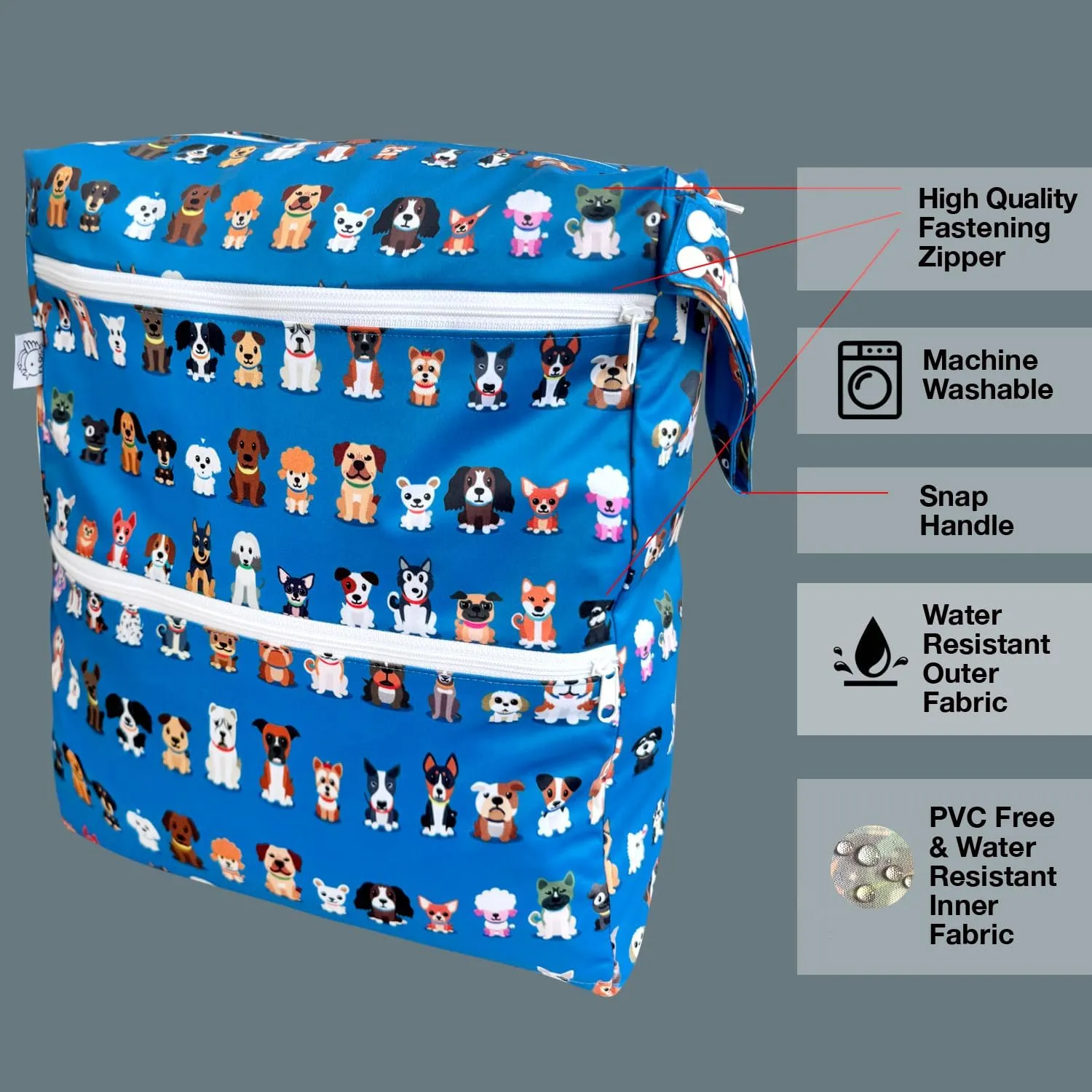 FLOCK THREE 3D Waterproof and Washable Wet Bag Luggage Organiser for Travel storage Stroller Daycare Baby Diapers Yoga Beach Pool Swimsuits Luggage Packing for Travel Accessories (Cute Dogs)