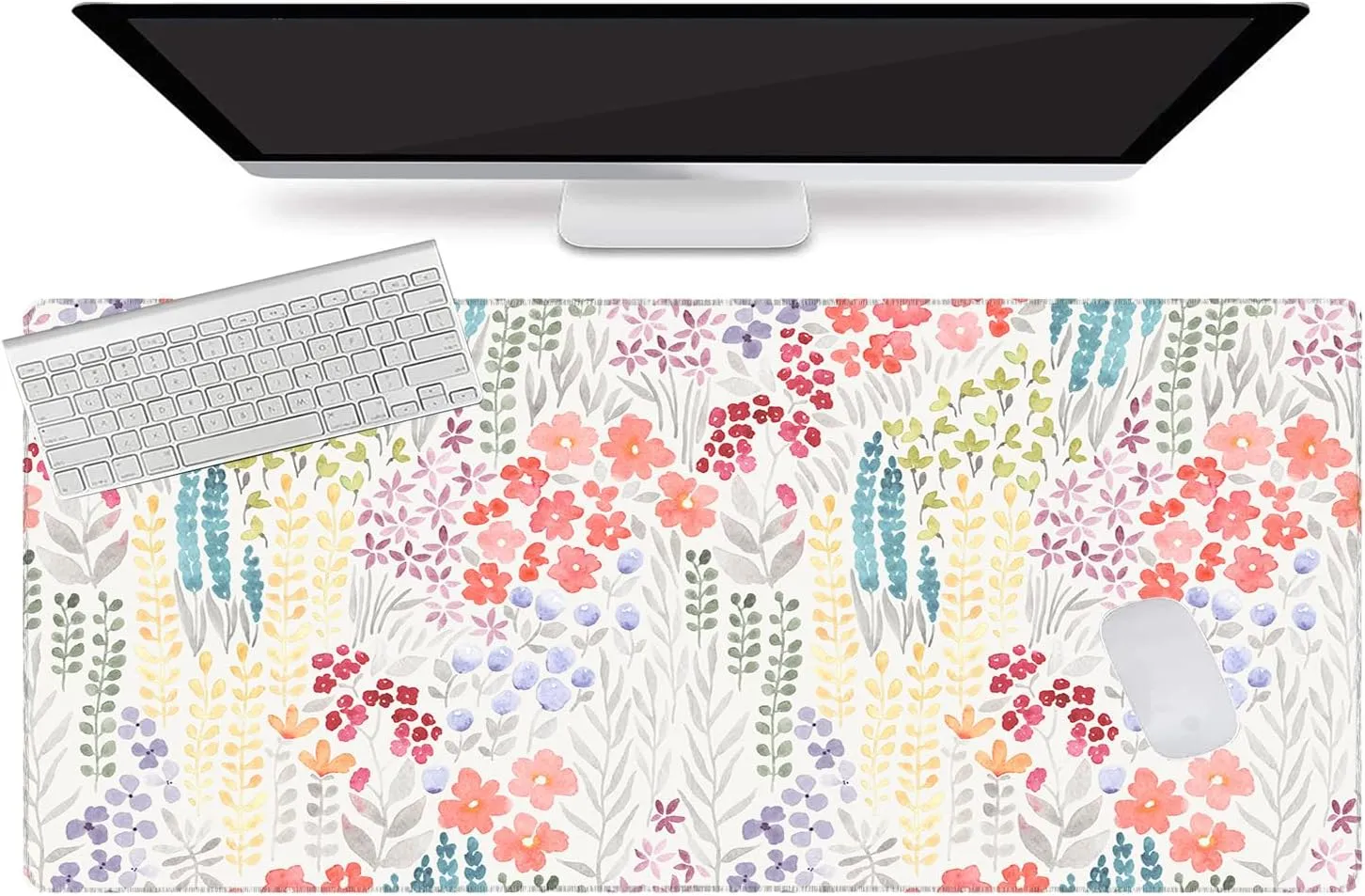 Floral Gaming Mouse Pad Large Desk Mat XXL Mouse Pad Botanical Non-Slip Rubber Base Keyboard Pad Waterproof Desktop Mat for Laptop Computer Work Game Home Office-Meadow with Flowers