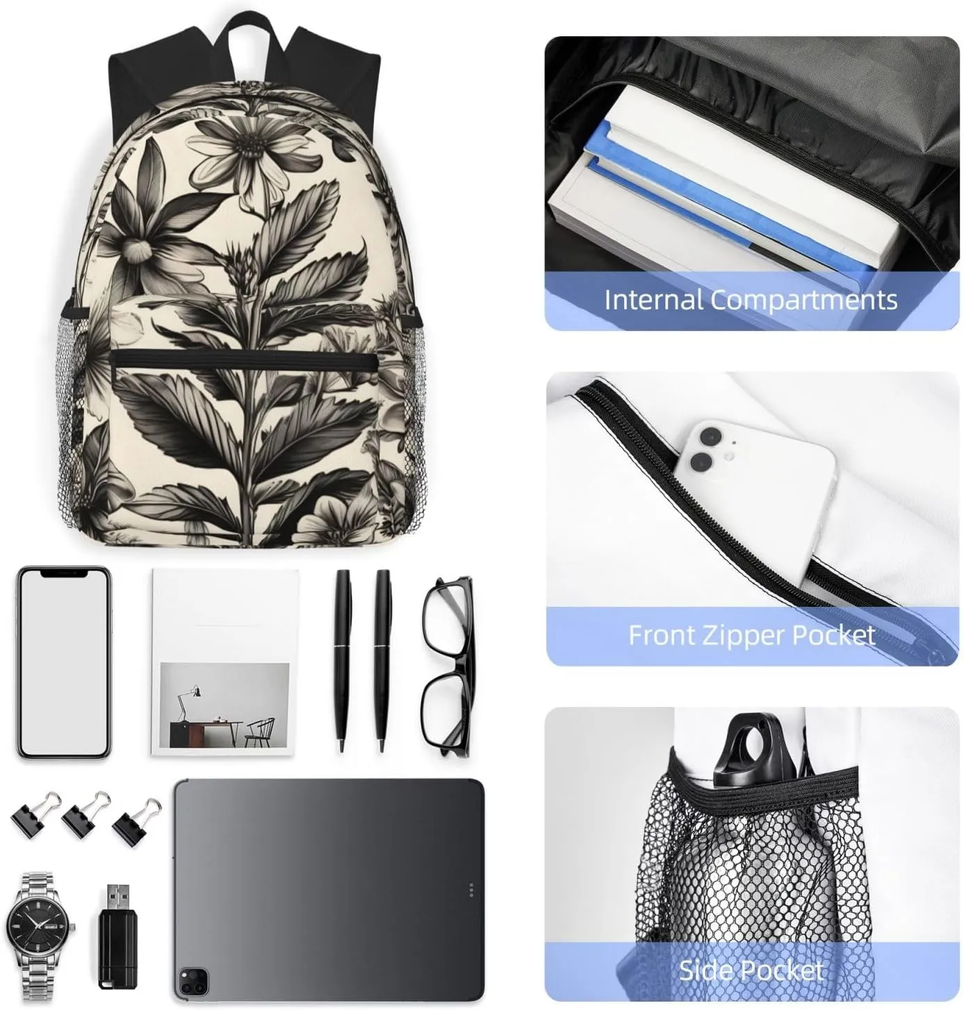 Floral Herbs Botanical Pattern Backpack Cute Print Bookbag Women Travel Casual Water-resistant Backpack Travel Bag bags