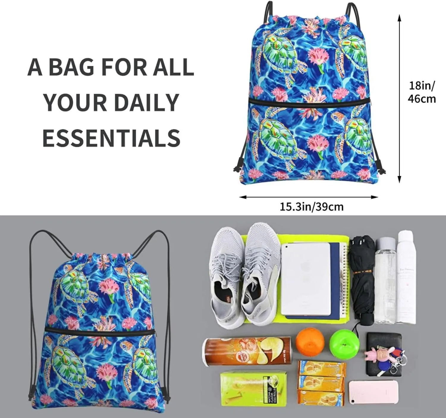 Floral Sea Turtles Drawstring Backpack Unisex Gym Bags Sport String Bag for Hiking Yoga Travel Swimming Beach 15 X 18 Inch