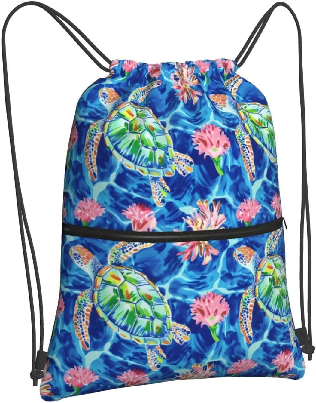Floral Sea Turtles Drawstring Backpack Unisex Gym Bags Sport String Bag for Hiking Yoga Travel Swimming Beach 15 X 18 Inch