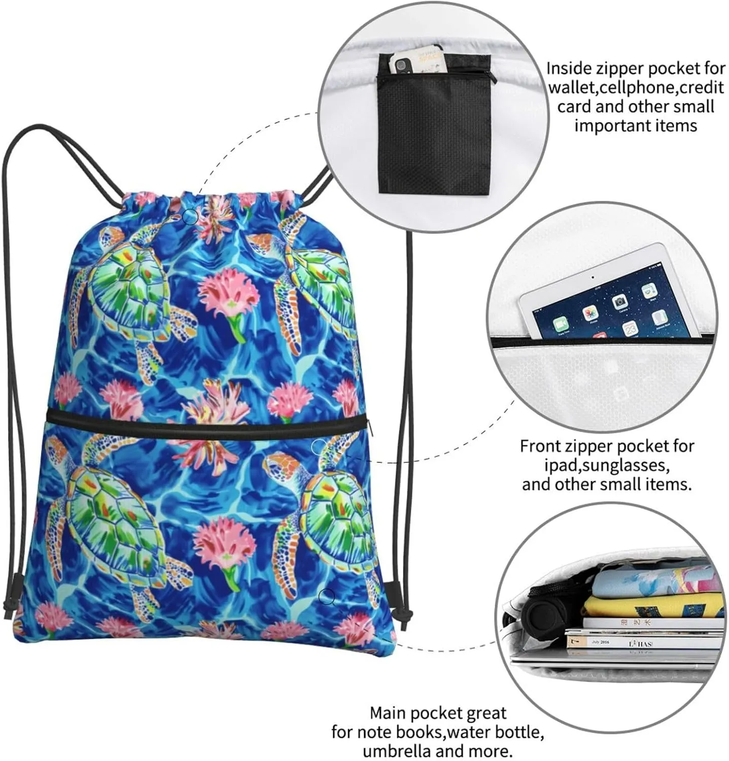 Floral Sea Turtles Drawstring Backpack Unisex Gym Bags Sport String Bag for Hiking Yoga Travel Swimming Beach 15 X 18 Inch