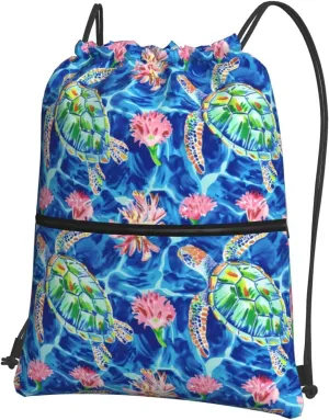 Floral Sea Turtles Drawstring Backpack Unisex Gym Bags Sport String Bag for Hiking Yoga Travel Swimming Beach 15 X 18 Inch