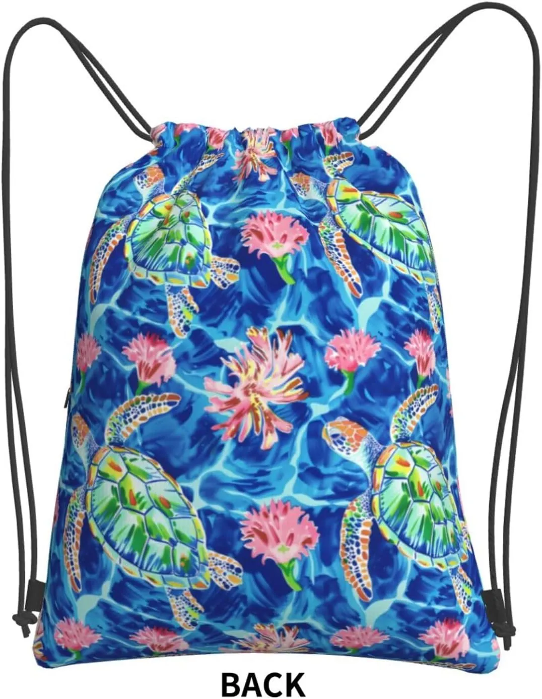 Floral Sea Turtles Drawstring Backpack Unisex Gym Bags Sport String Bag for Hiking Yoga Travel Swimming Beach 15 X 18 Inch
