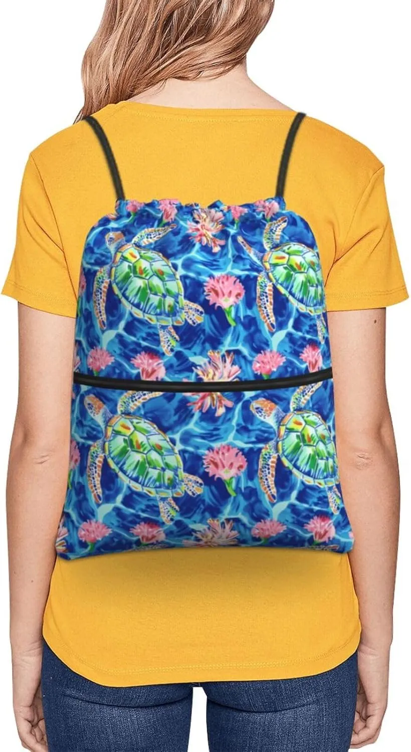 Floral Sea Turtles Drawstring Backpack Unisex Gym Bags Sport String Bag for Hiking Yoga Travel Swimming Beach 15 X 18 Inch