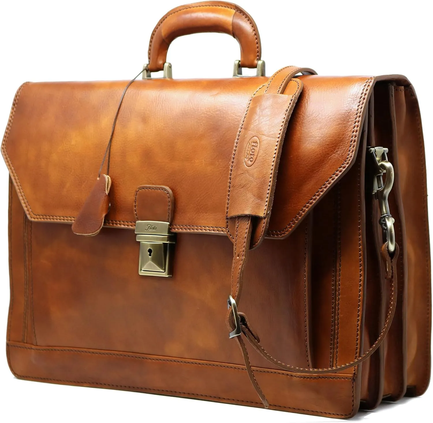 Floto Venezia Leather Briefcase Attache Laptop Bag in Tobacco Brown Men's