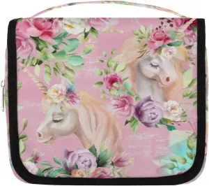 Flowers Unicorn Hanging Toiletry Makeup Bag with Zipper Pocket Pink Travel Cosmetic Bag For Full-Sized Shampoo, Conditioner, Brushes Set Waterproof Travel Essentials Toiletry Bags for Women