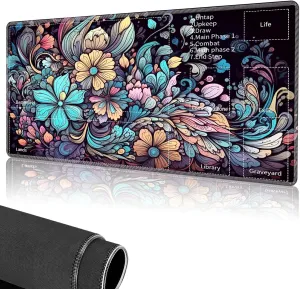 for MTG Playmat,Card Playmat Stitched with Magic Zone for MTG Card Game Playing,(35.5x19.7 in) Card Playmats Smooth Cloth Surface Non-Slip Silicone Bottom Battle Game Mat-Colorful Flower
