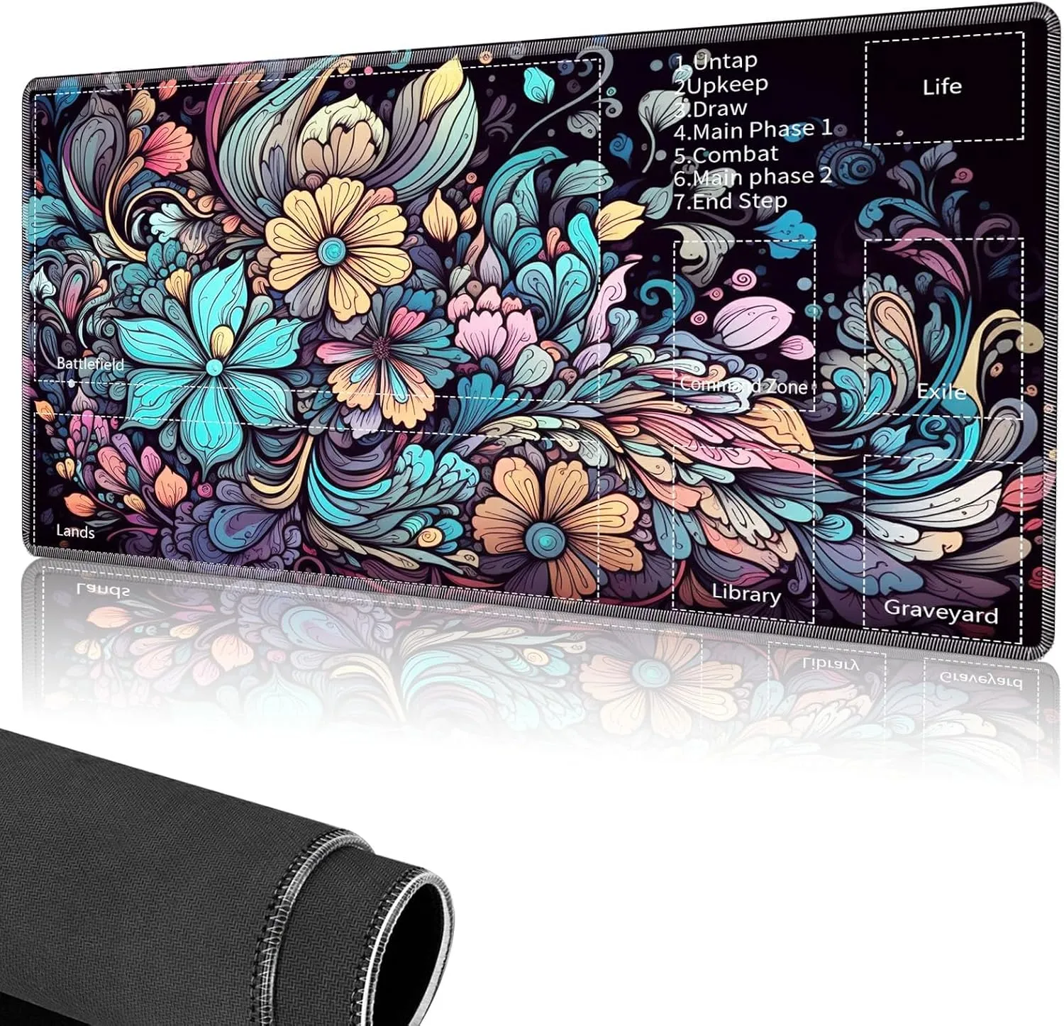 for MTG Playmat,Card Playmat Stitched with Magic Zone for MTG Card Game Playing,(35.5x19.7 in) Card Playmats Smooth Cloth Surface Non-Slip Silicone Bottom Battle Game Mat-Colorful Flower