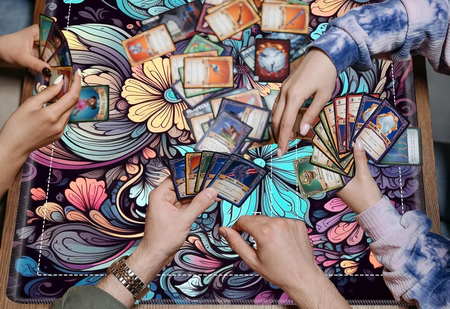 for MTG Playmat,Card Playmat Stitched with Magic Zone for MTG Card Game Playing,(35.5x19.7 in) Card Playmats Smooth Cloth Surface Non-Slip Silicone Bottom Battle Game Mat-Colorful Flower