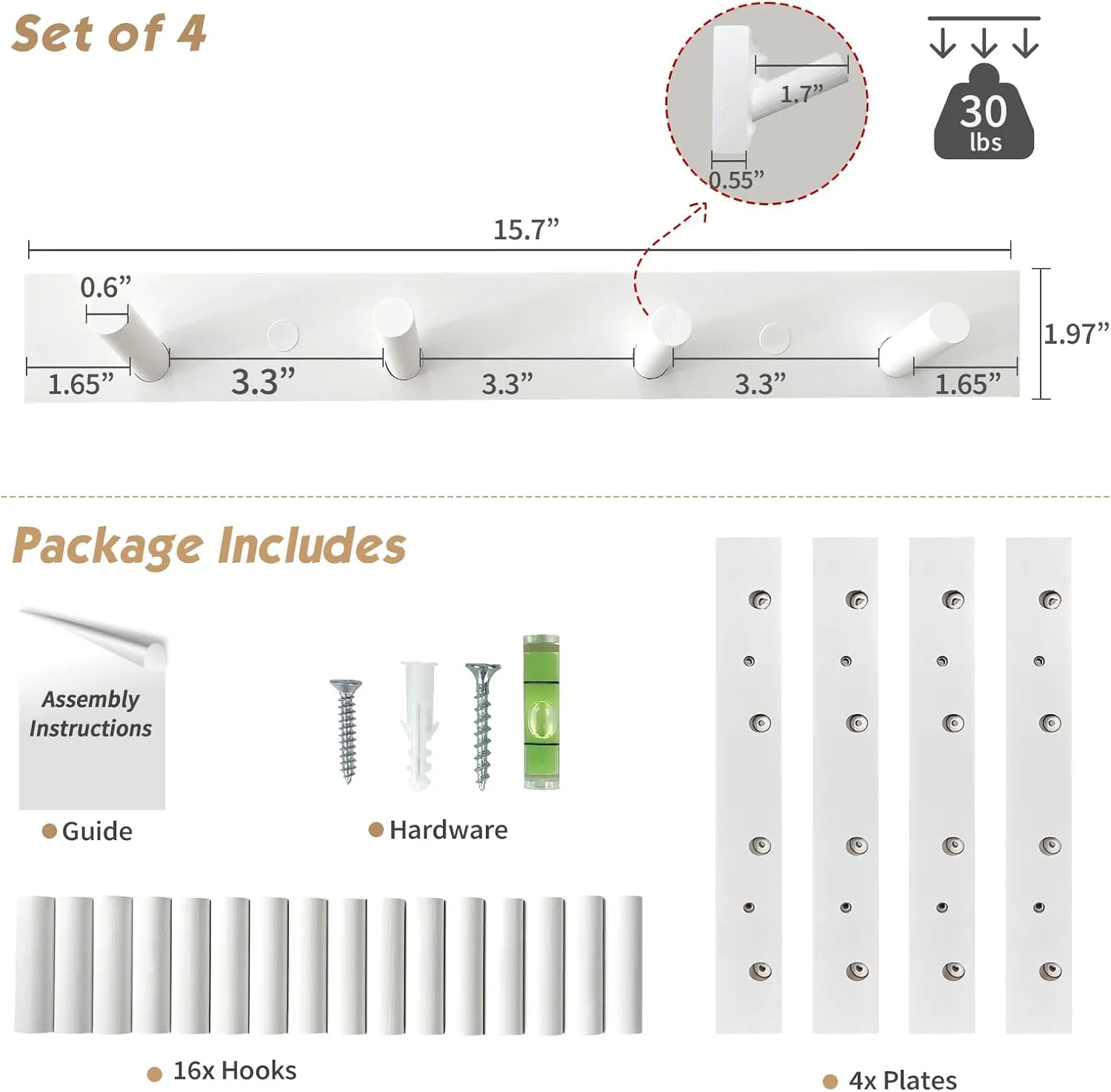 Forbena White Coat Hooks Wall Mount for Hanging 4 Pack, 16 Inch Wood Entryway Coat Rack Wall Mounted Heavy Duty, Modern Large Wall Hooks for Hats Kids Clothes Bags Purses Caps Closet - 16 Hooks
