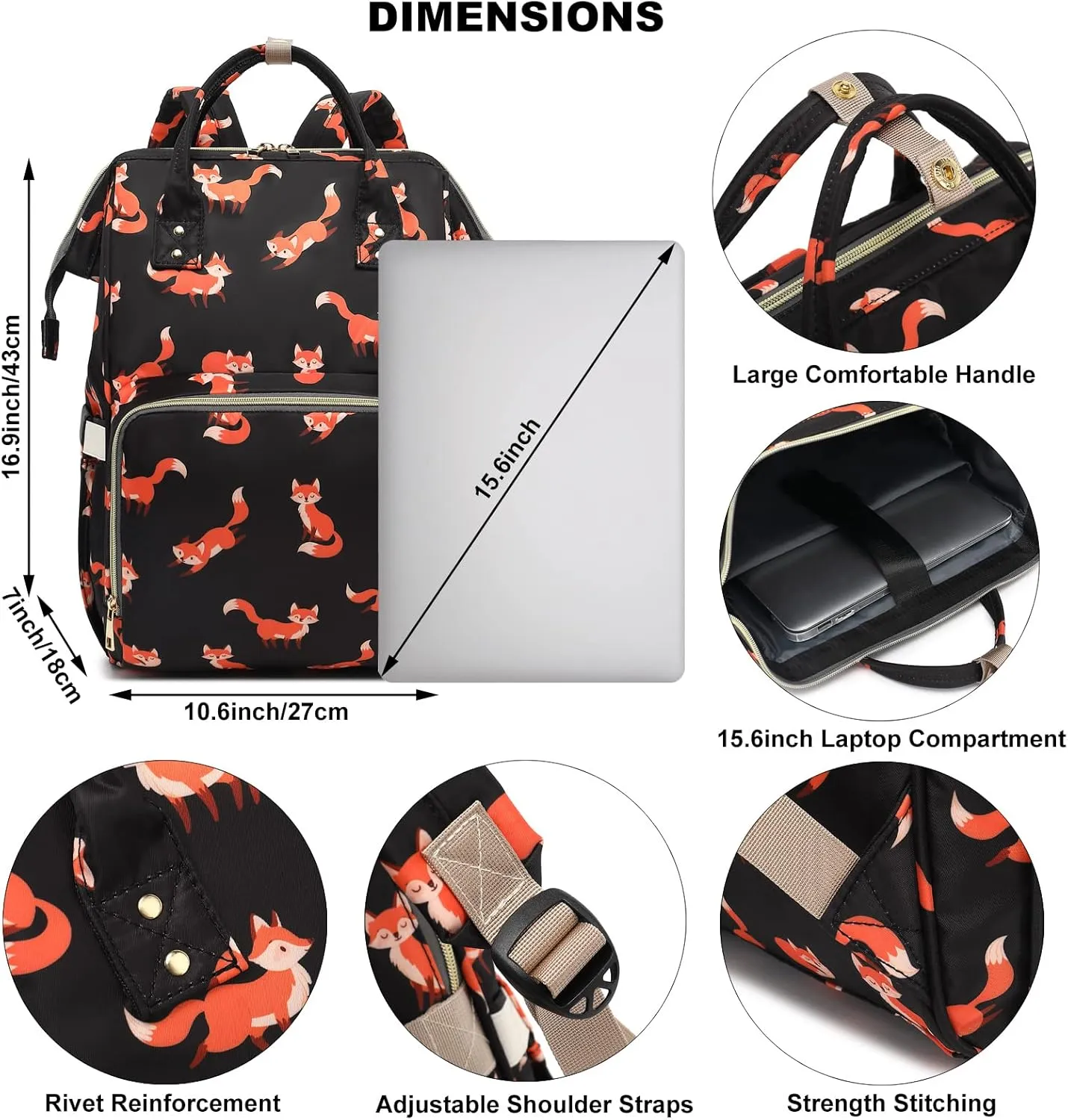 Fox Laptop Backpack for Women, College Bookbag School Backpack Work Business Travel 15.6 Inch Computer Backpacks