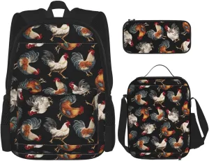 French Roosters Print Versatile Adjustable Shoulder Fashion Backpack Lunch Bag Pencil Case Large Capacity