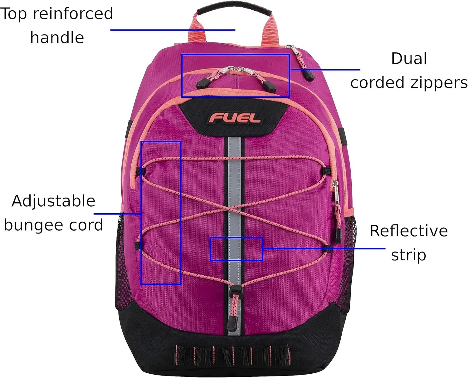 FUEL Hiking Backpack for Women Men Terra Sport, Travel, College, Gym, Work with Laptop Sleeve, Bungee, 18 Inches, Magenta Orchid
