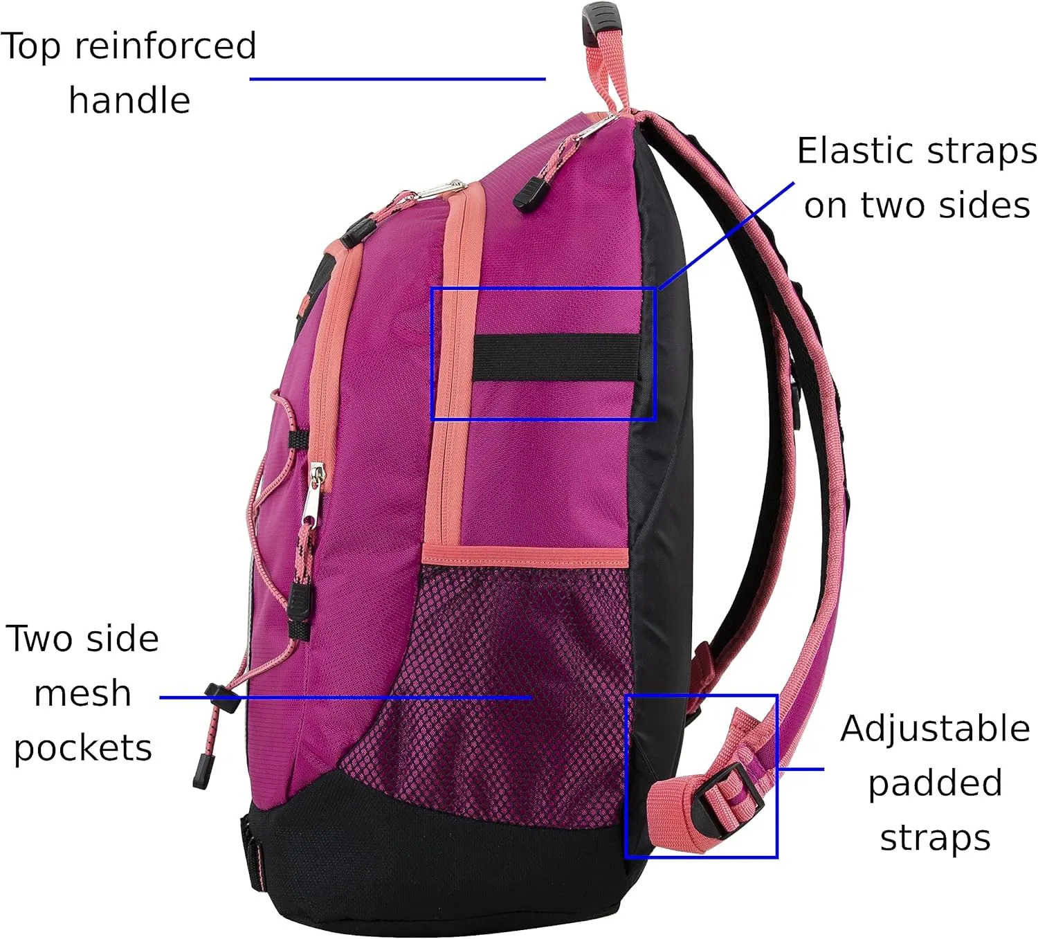 FUEL Hiking Backpack for Women Men Terra Sport, Travel, College, Gym, Work with Laptop Sleeve, Bungee, 18 Inches, Magenta Orchid