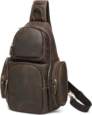 Full Grain Genuine Leather Sling Bag, Fits 14 inch Laptop, Travel Chest Crossbody Shoulder Sling Backpack Purse Daypack 17L - Brown