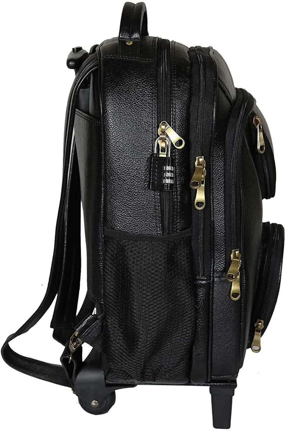 Full Grain Leather Backpack Travel Trolley Bag 18 Inch Cabin Size Leather Trolley Heavy Duty Backpack Bag (Black)