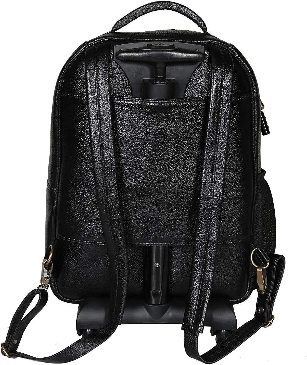 Full Grain Leather Backpack Travel Trolley Bag 18 Inch Cabin Size Leather Trolley Heavy Duty Backpack Bag (Black)