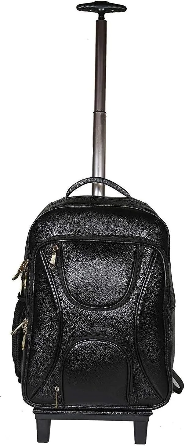 Full Grain Leather Backpack Travel Trolley Bag 18 Inch Cabin Size Leather Trolley Heavy Duty Backpack Bag (Black)