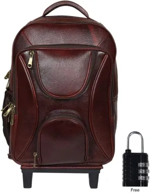 Full Grain Leather Backpack Travel Trolley Bag 18 Inch Cabin Size Leather Trolley Heavy Duty Backpack Bag (Brown)