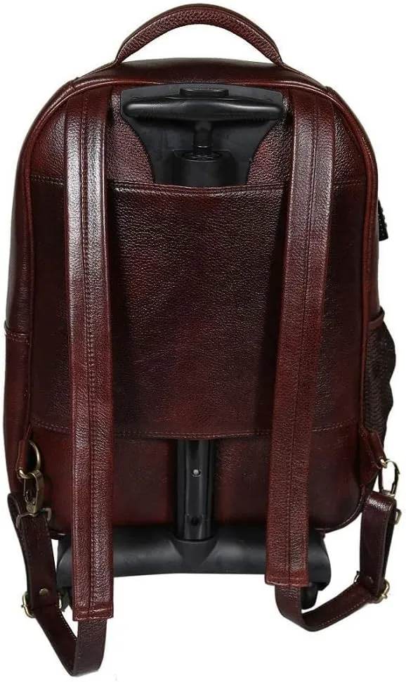Full Grain Leather Backpack Travel Trolley Bag 18 Inch Cabin Size Leather Trolley Heavy Duty Backpack Bag (Brown)
