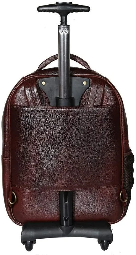 Full Grain Leather Backpack Travel Trolley Bag 18 Inch Cabin Size Leather Trolley Heavy Duty Backpack Bag (Brown)