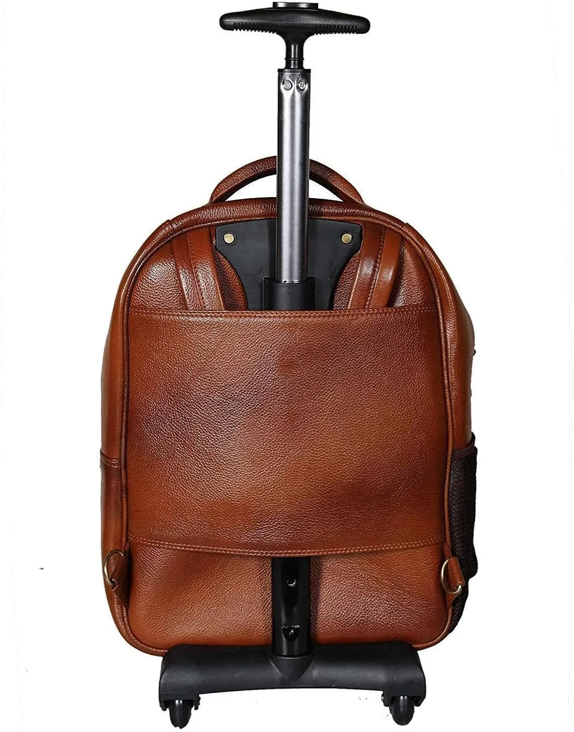 Full Grain Leather Backpack Travel Trolley Bag 18 Inch Cabin Size Leather Trolley Heavy Duty Backpack Bag (Tan)