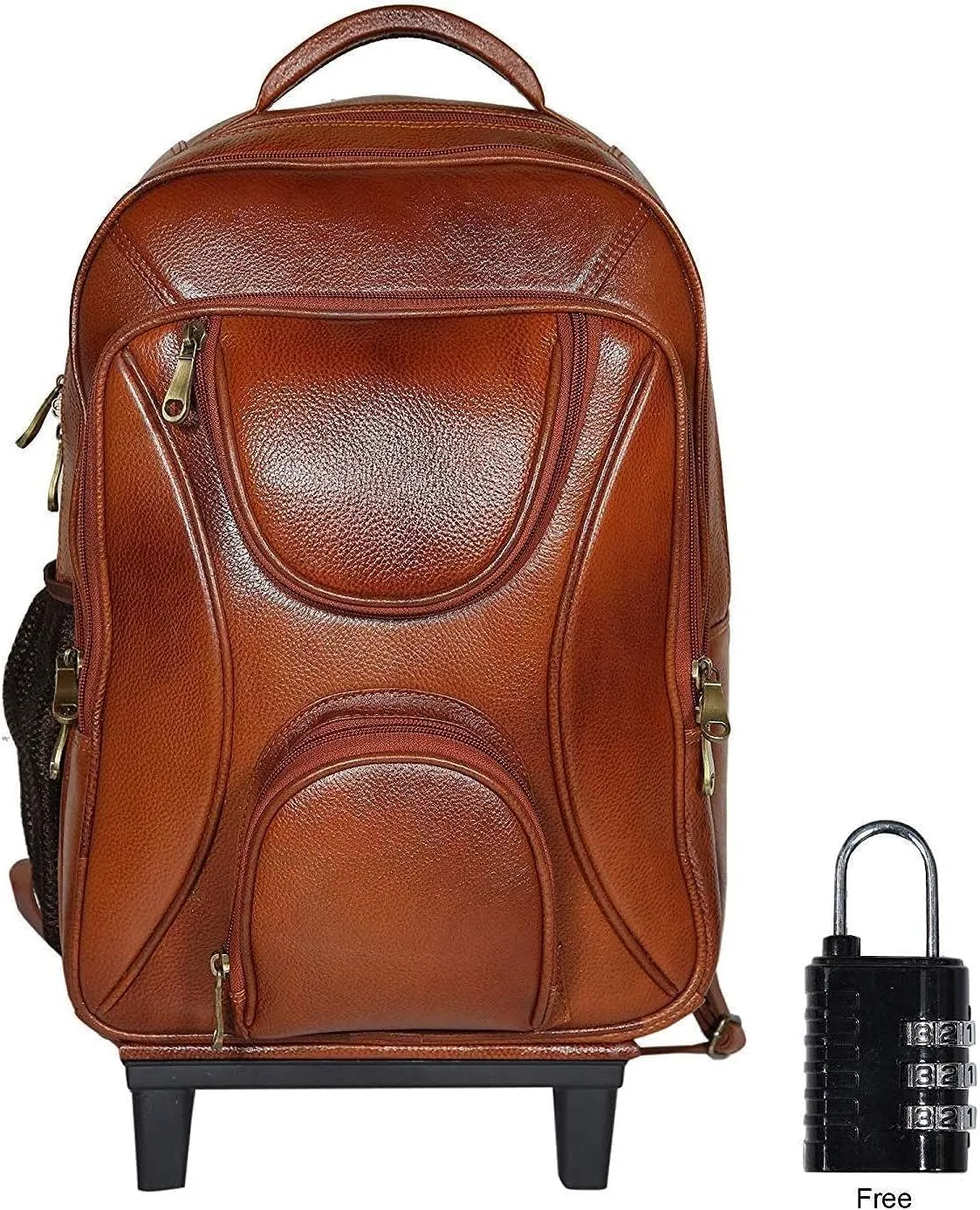 Full Grain Leather Backpack Travel Trolley Bag 18 Inch Cabin Size Leather Trolley Heavy Duty Backpack Bag (Tan)