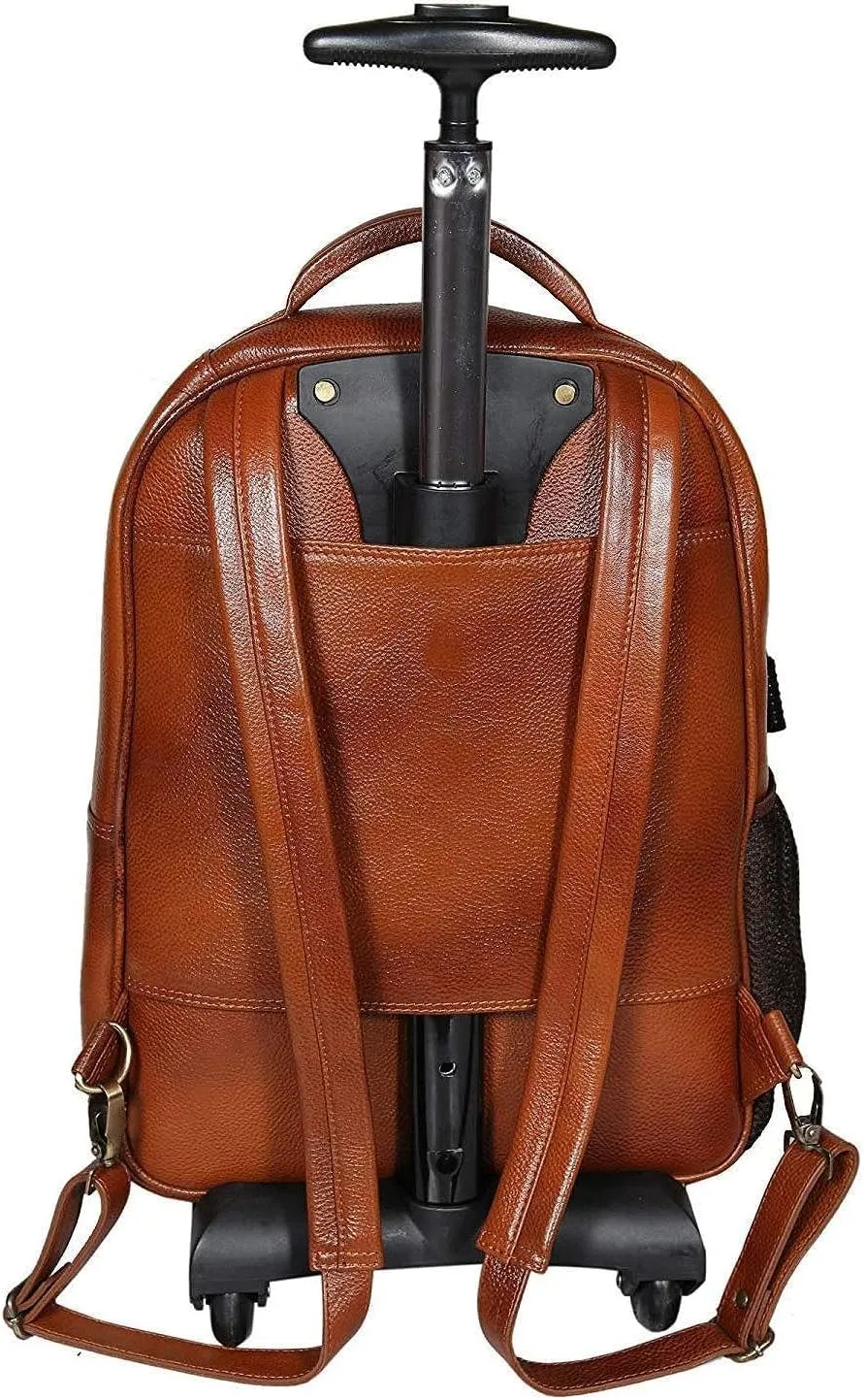 Full Grain Leather Backpack Travel Trolley Bag 18 Inch Cabin Size Leather Trolley Heavy Duty Backpack Bag (Tan)