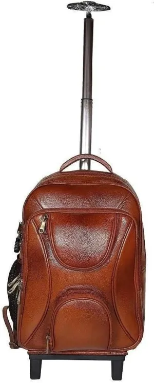 Full Grain Leather Backpack Travel Trolley Bag 18 Inch Cabin Size Leather Trolley Heavy Duty Backpack Bag (Tan)